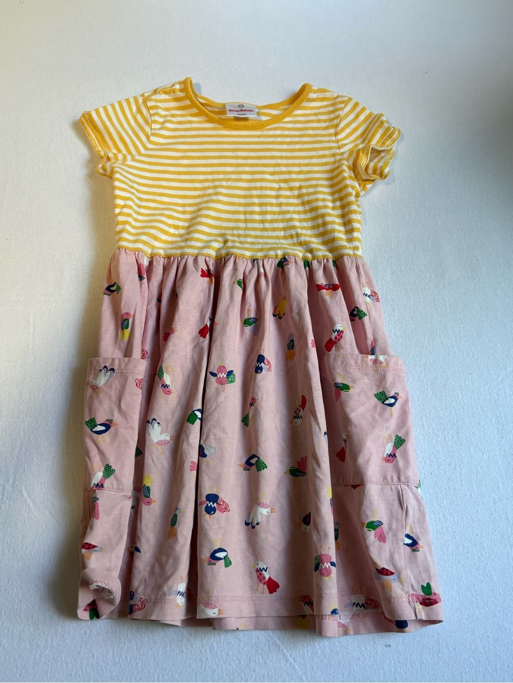 Hanna Andersson Yellow-Striped Top Pink Bird Print Dress